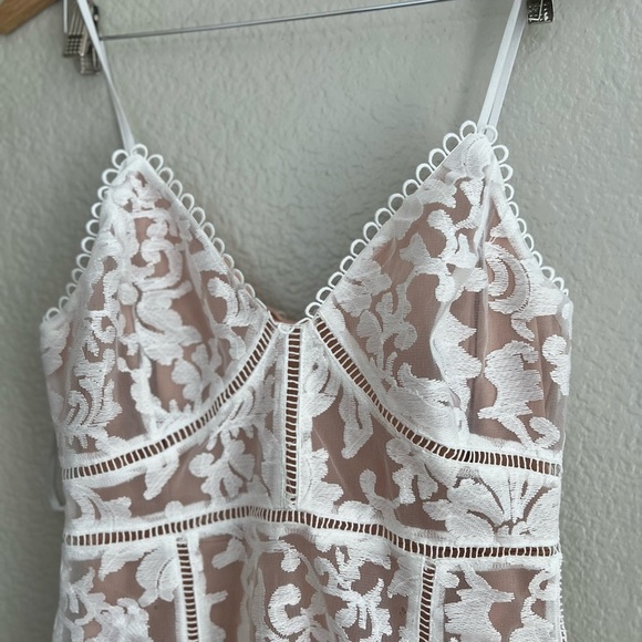 Alluring Love White and Beige Lace Trumpet Hem Midi Dress - Picture 12 of 13